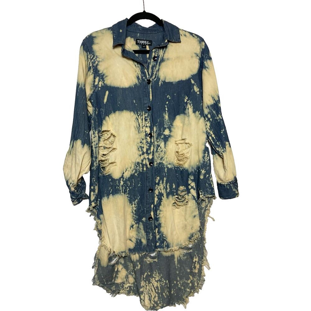 Thrill Jeans Women Shirt Medium Blue High Low Distressed Button Down pre owned